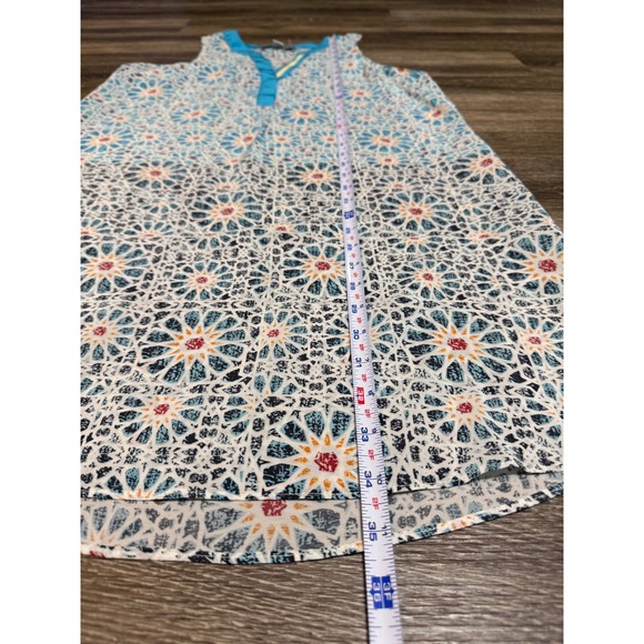 Charlie Jade Mini Dress XS Blue Geometric Mosaic 100% Silk Shift Boho Beach - Picture 4 of 9